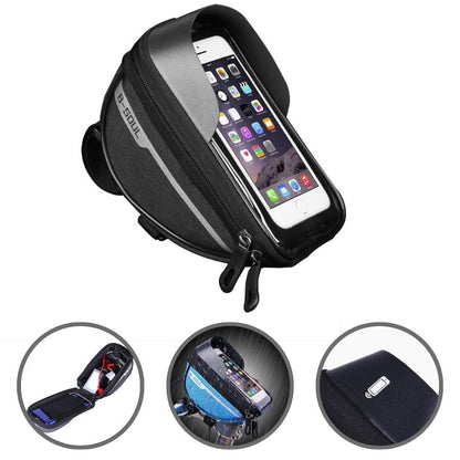 Borseta bicicleta impermeabila cu husa pentru telefon Klevo, montare pe ghidon, compatibila cu telefoane de pana la 16 cm, spatiu depozitare, 18.5x9.5 cm, negru