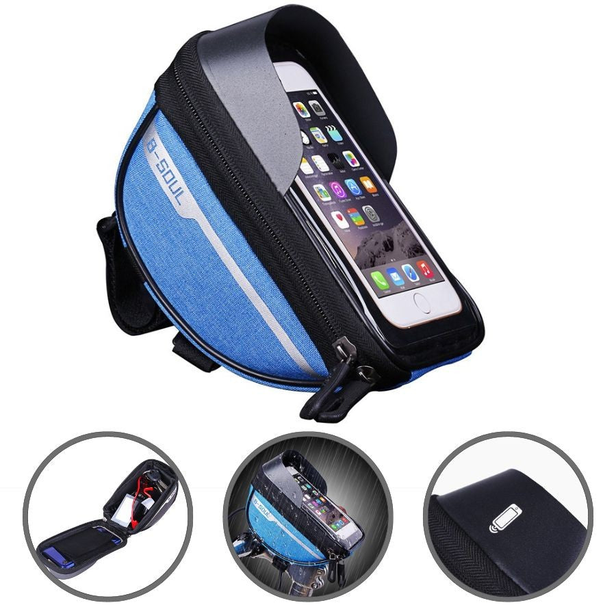 Borseta bicicleta impermeabila cu husa pentru telefon Klevo, montare pe ghidon, compatibila cu telefoane de pana la 16 cm, spatiu depozitare, 18.5x9.5 cm, albastru