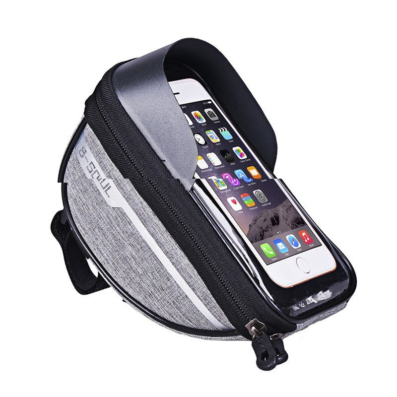Borseta bicicleta impermeabila cu husa pentru telefon Klevo, montare pe ghidon, compatibila cu telefoane de pana la 16 cm, spatiu depozitare, 18.5x9.5 cm, gri