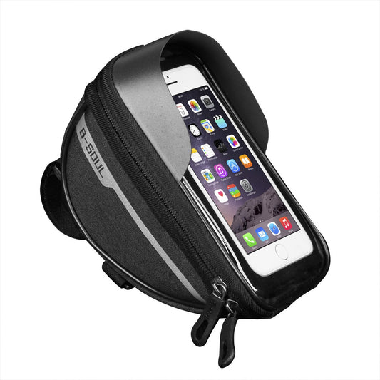 Borseta bicicleta impermeabila cu husa pentru telefon Klevo, montare pe ghidon, compatibila cu telefoane de pana la 16 cm, spatiu depozitare, 18.5x9.5 cm, negru