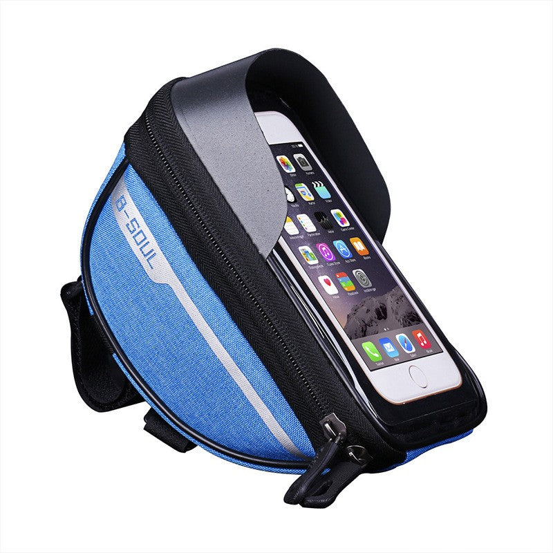 Borseta bicicleta impermeabila cu husa pentru telefon Klevo, montare pe ghidon, compatibila cu telefoane de pana la 16 cm, spatiu depozitare, 18.5x9.5 cm, albastru