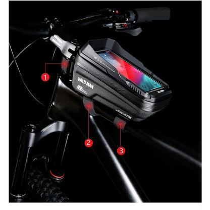 Borseta pentru bicicleta cu suport de telefon Klevo, capcitate 1L, 20.5x11.1x10.5 cm, cu spatiu de stocare, protectie waterproof, ecran tactil, fixare in 3 locuri, protectie lumina, orificiu casti, negru