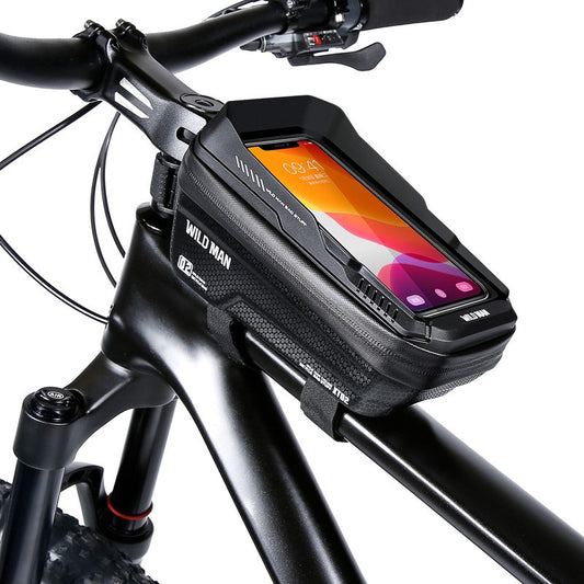 Borseta pentru bicicleta cu suport de telefon Klevo, capcitate 1L, 20.5x11.1x10.5 cm, cu spatiu de stocare, protectie waterproof, ecran tactil, fixare in 3 locuri, protectie lumina, orificiu casti, negru