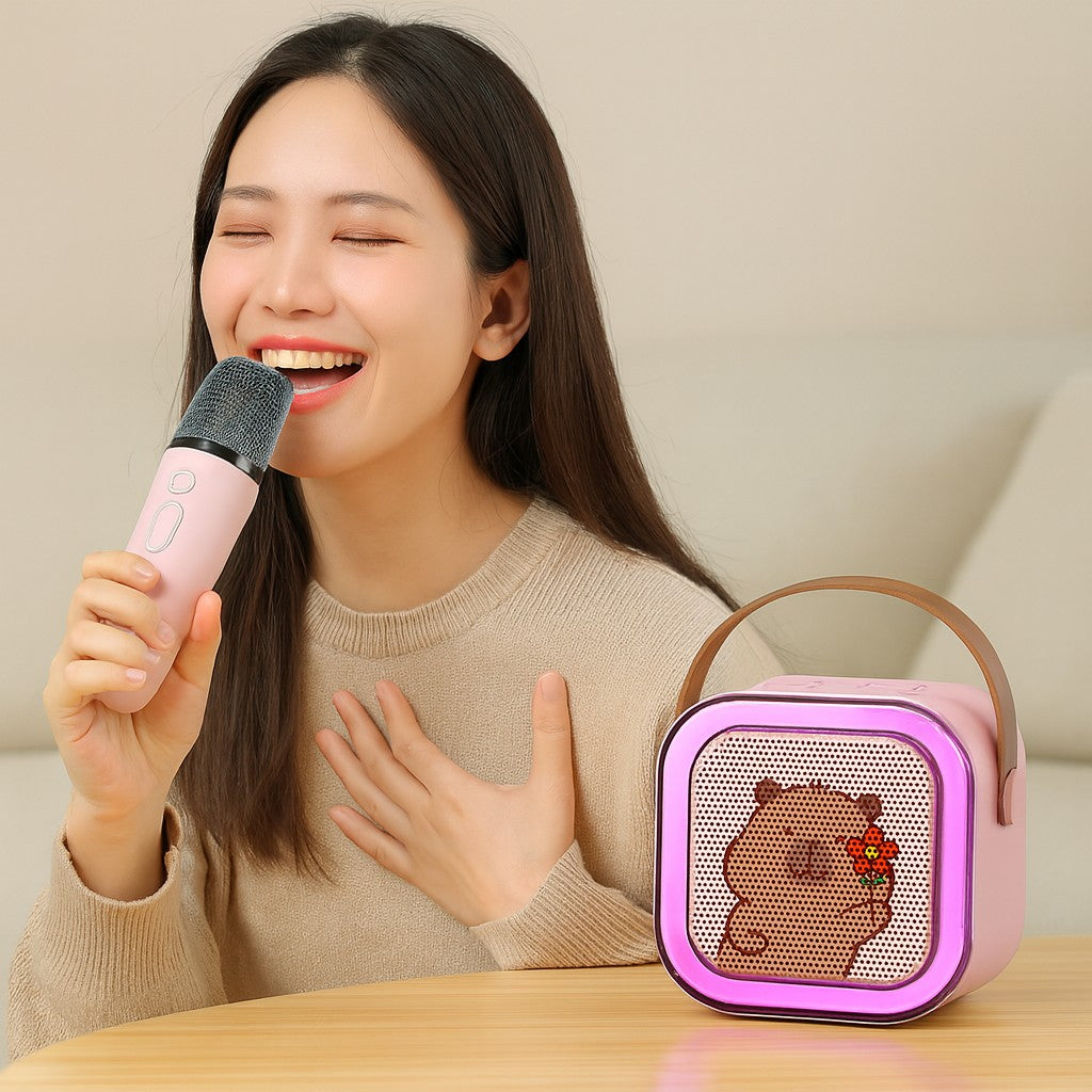 Boxa Portabila Karaoke, Klevo, Bluetooth 5.3, 5-10W, Set 2 Microfoane Wireless, LED RGB, 4 Efecte Vocale, Type-C, 14 x 11 cm, Roz