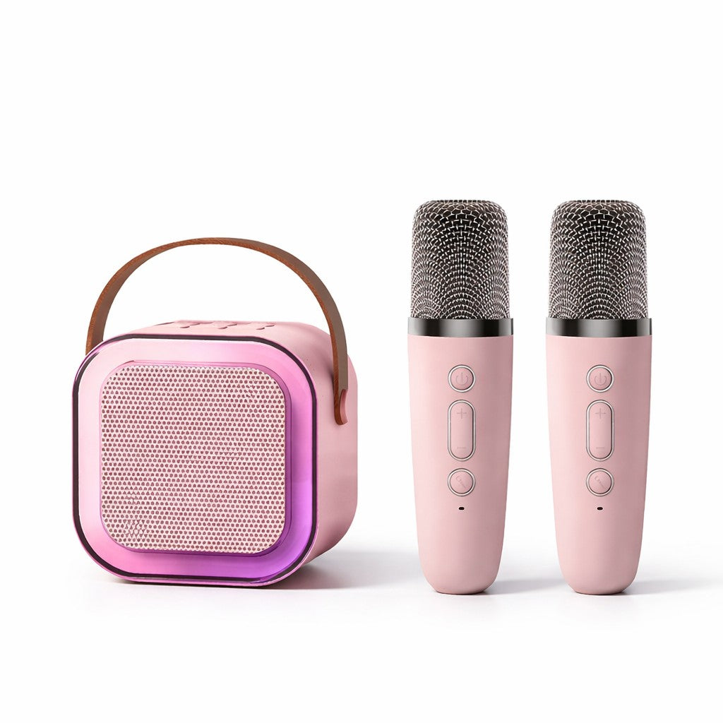 Boxa Portabila Karaoke, Klevo, Bluetooth 5.3, 5-10W, Set 2 Microfoane Wireless, LED RGB, 4 Efecte Vocale, Type-C, 14 x 11 cm, Roz