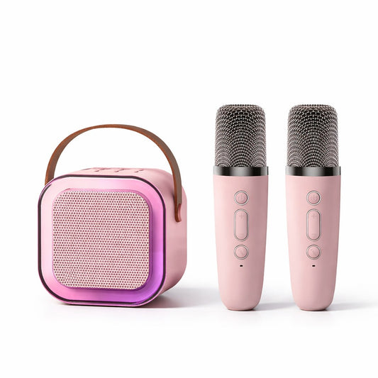 Boxa Portabila Karaoke, Klevo, Bluetooth 5.3, 5-10W, Set 2 Microfoane Wireless, LED RGB, 4 Efecte Vocale, Type-C, 14 x 11 cm, Roz