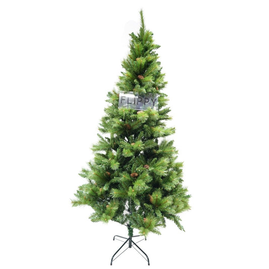 Brad artificial de Craciun, Decorat cu conuri de pin, pentru interior/exterior, inaltime 180 cm, 659 ramuri, Klevo, verde, suport metalic inclus