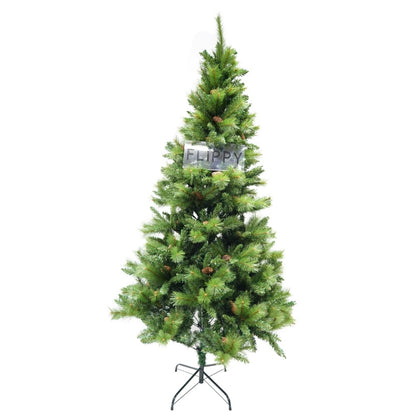 Brad artificial de Craciun, Decorat cu conuri de pin, pentru interior/exterior, inaltime 210 cm, diametru 114 cm, 1057 ramuri, Klevo, verde, suport metalic inclus