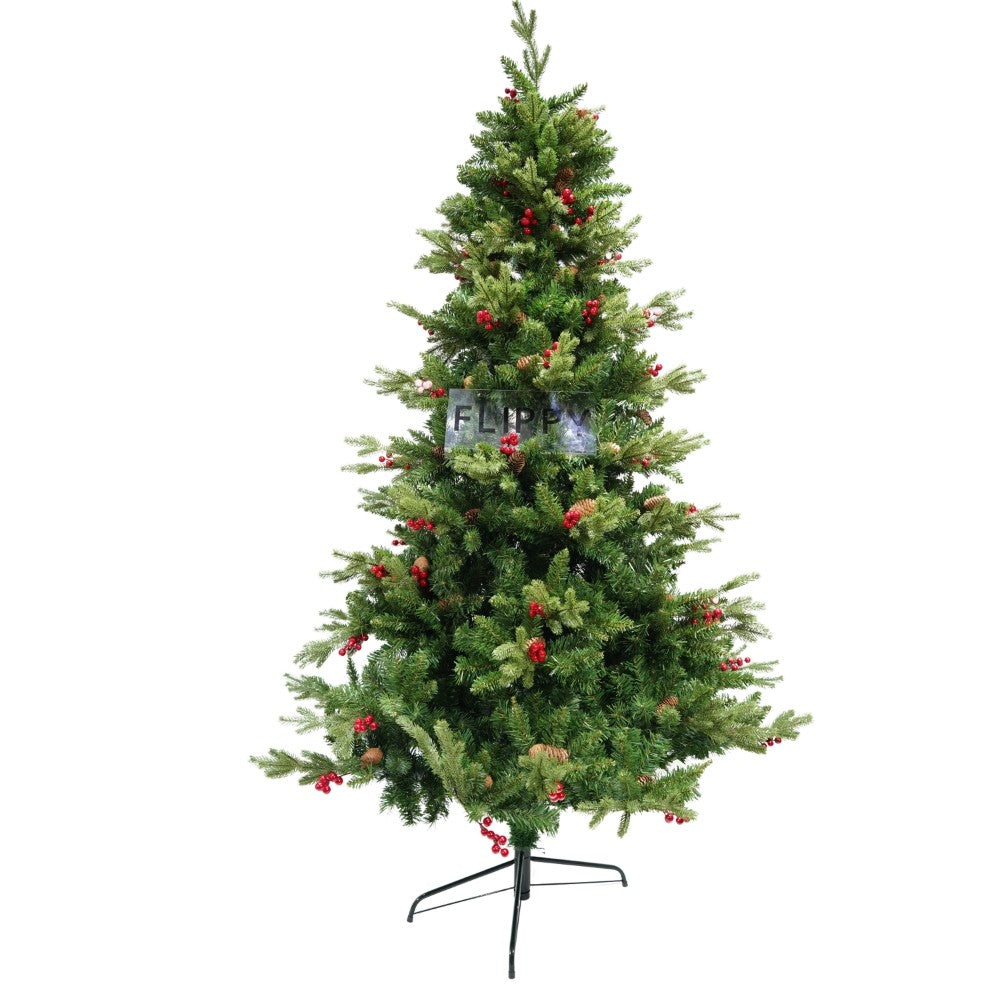 Brad artificial de Craciun, decorat cu conuri pin rosii, inaltime 210 cm, diametru 137 cm, 1172 ramuri, Klevo, verde, suport metalic inclus
