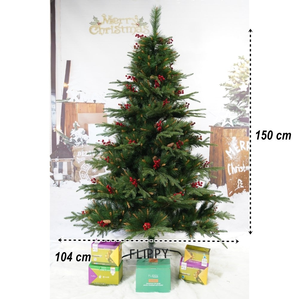 Brad artificial de Craciun, decorat cu conuri pin rosii, pentru interior/exterior, inaltime 150 cm, diametru 104 cm, 323 ramuri, Klevo, verde, suport metalic inclus