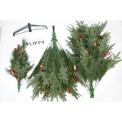 Brad artificial de Craciun, decorat cu conuri pin rosii, pentru interior/exterior, inaltime 210 cm, diametru 142 cm, 767 ramuri, Klevo, verde, suport metalic inclus