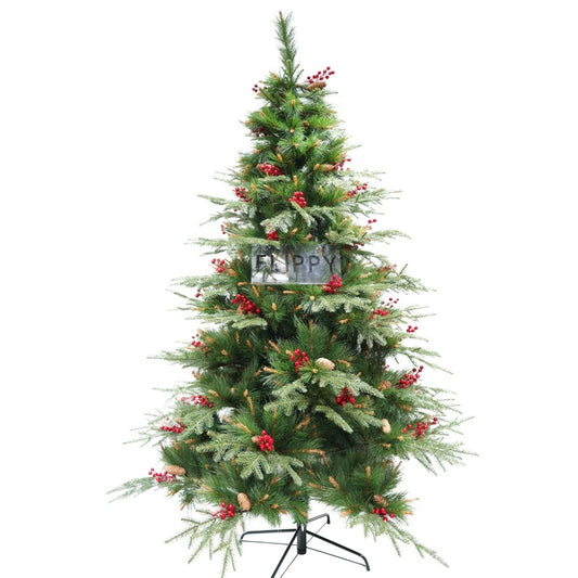 Brad artificial de Craciun, decorat cu conuri pin rosii, pentru interior/exterior, inaltime 210 cm, diametru 142 cm, 767 ramuri, Klevo, verde, suport metalic inclus