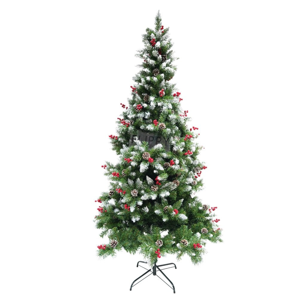 Brad artificial de Craciun nins, decorat cu conuri pin rosii, inaltime 180 cm, diametru 95 cm, 319 ramuri, Klevo, verde, suport metalic inclus