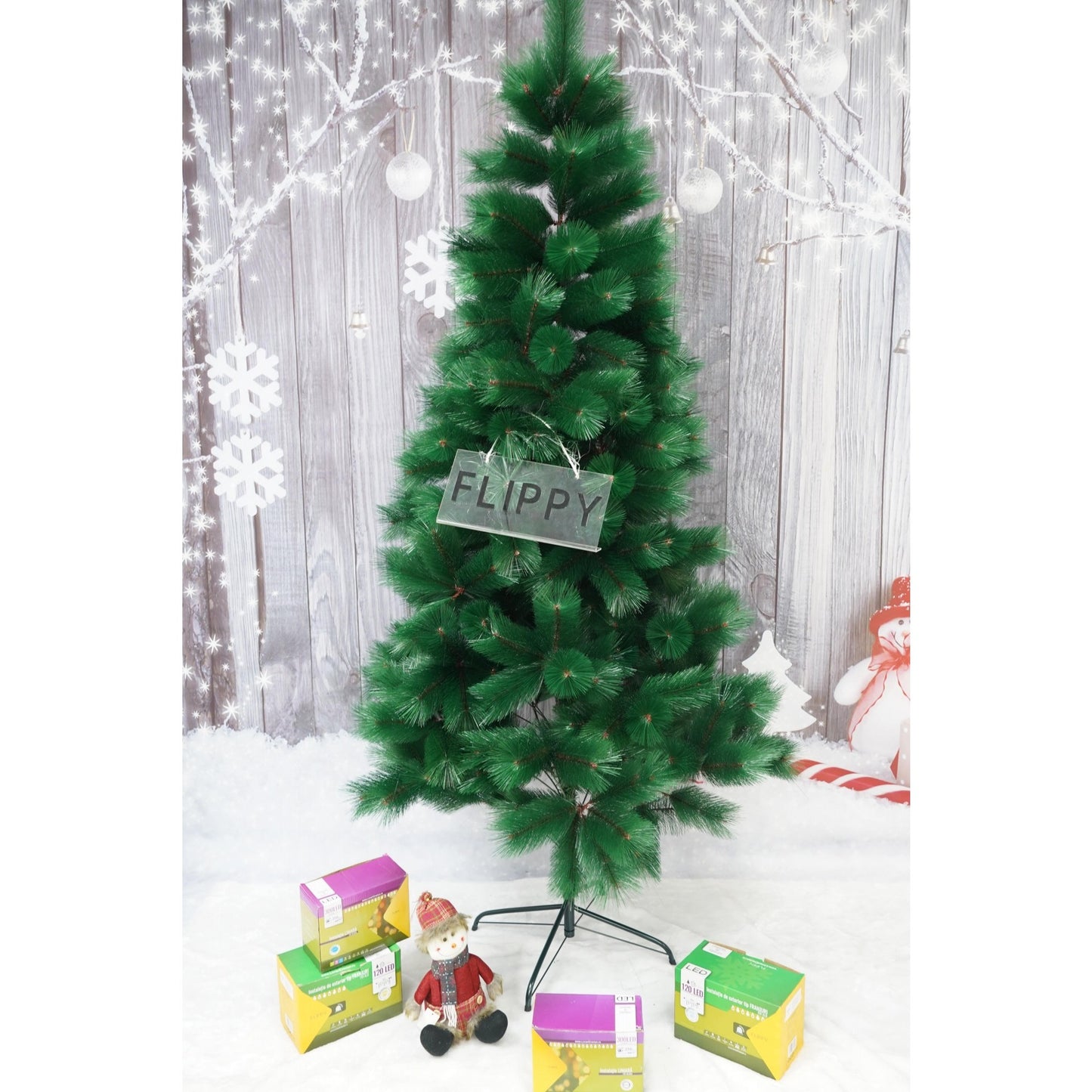 Brad artificial de Craciun tip pin, inaltime 210 cm, diametru 115 cm, 350 ramuri cu ace 3D 12 cm, Klevo, verde, suport metalic inclus