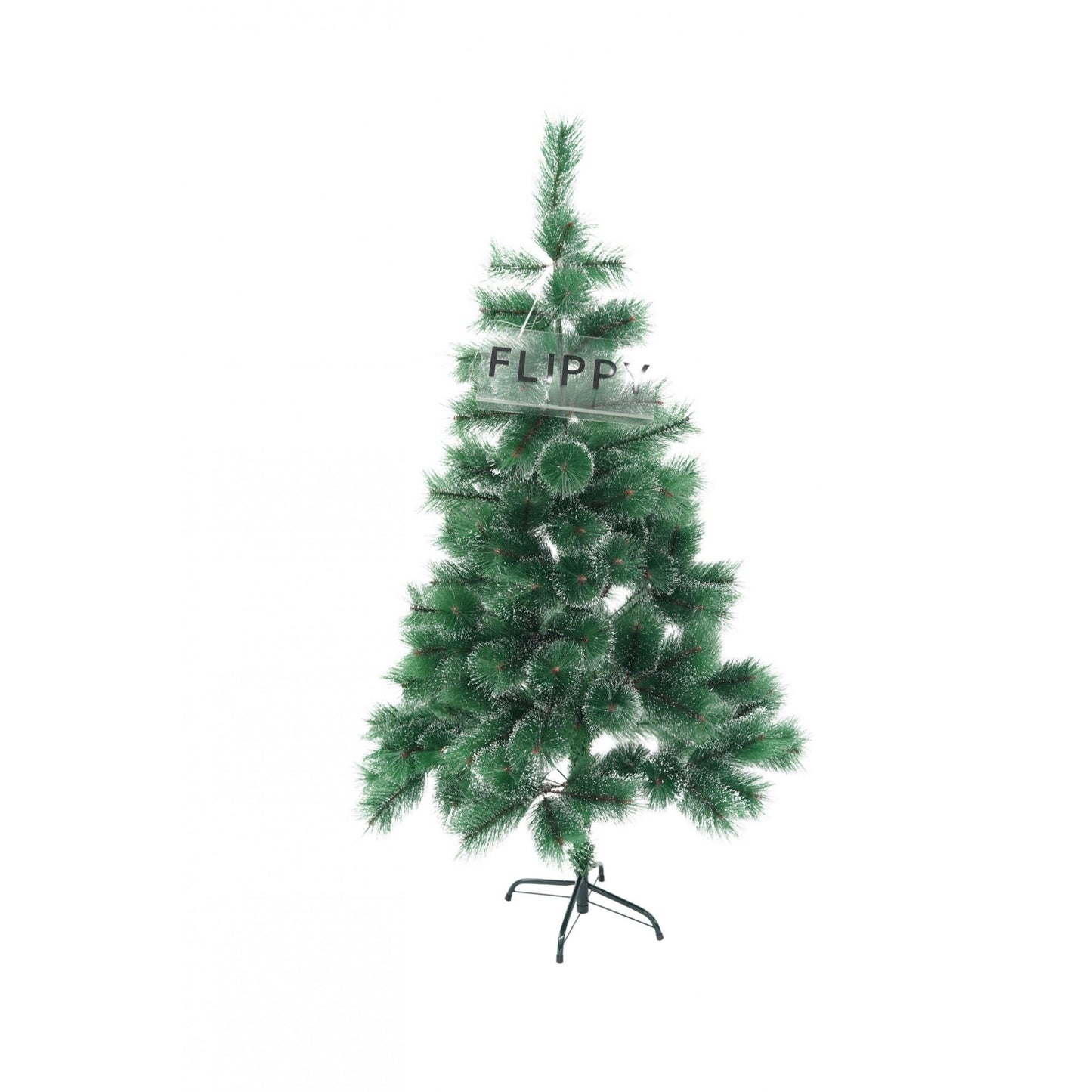 Brad artificial de Craciun tip pin inzapezit, inaltime 150 cm, diametru 85 cm, 160 ramuri cu ace 3D 12 cm, Klevo, verde cu varfuri ninse, suport metalic inclus