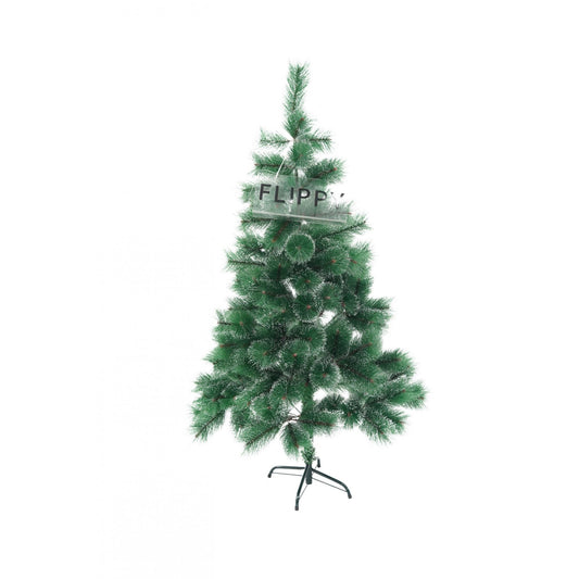 Brad artificial de Craciun tip pin inzapezit, inaltime 150 cm, diametru 85 cm, 160 ramuri cu ace 3D 12 cm, Klevo, verde cu varfuri ninse, suport metalic inclus