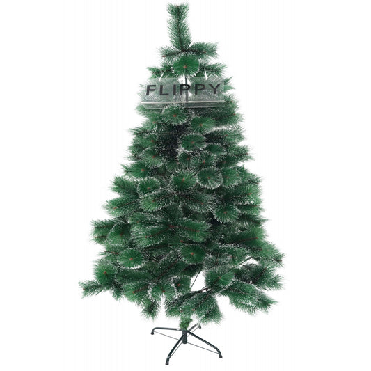 Brad artificial de Craciun tip pin inzapezit, inaltime 180 cm, diametru 105 cm, 260 ramuri cu ace 3D 12 cm, Klevo, verde cu varfuri ninse, suport metalic inclus