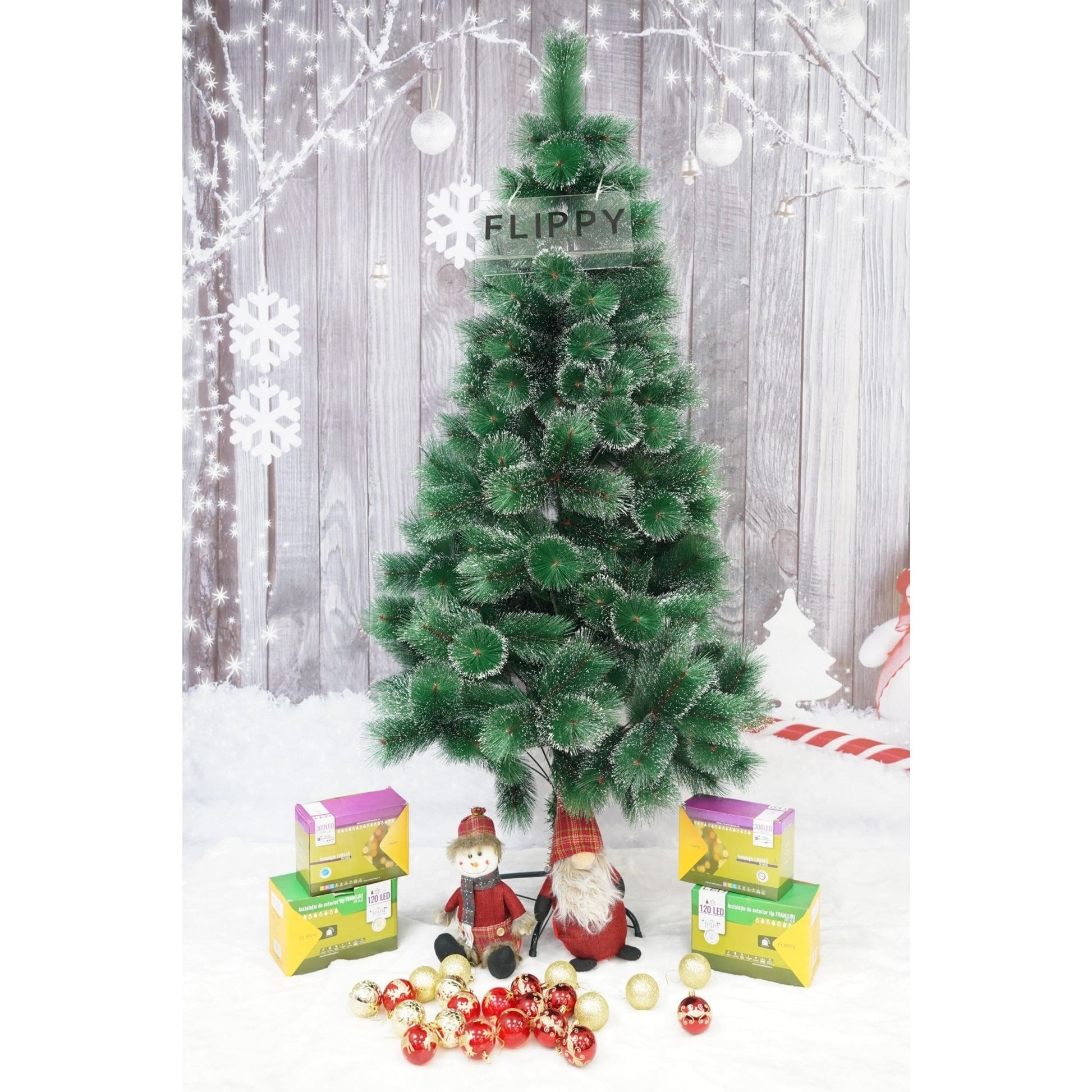 Brad artificial de Craciun tip pin inzapezit, inaltime 210 cm, diametru 115 cm, 350 ramuri cu ace 3D 12 cm, Klevo, verde cu varfuri ninse, suport metalic inclus