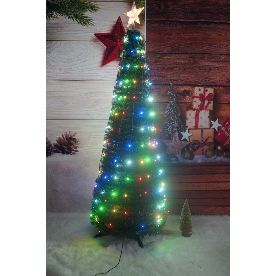 Brad artificial Pop-Up Klevo, cu instalatie integrata, Lumini RGB, Suport inclus, Stea luminata, 304 Led, 180 cm, Material PVC, Verde
