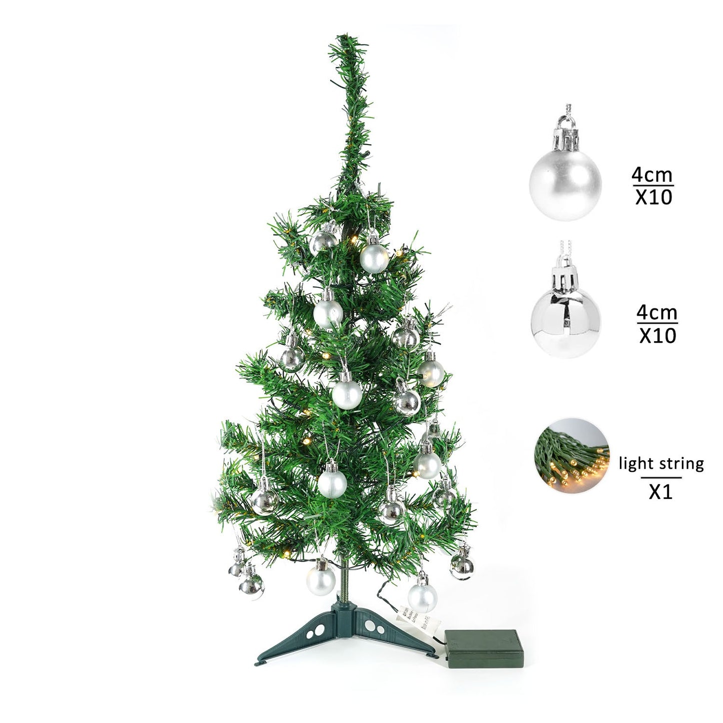 Brad Artificial Impodobit, 60 cm, suport plastic cu instalatie luminoasa 20 LED alb cald + 20 globuri argintii incluse, Klevo
