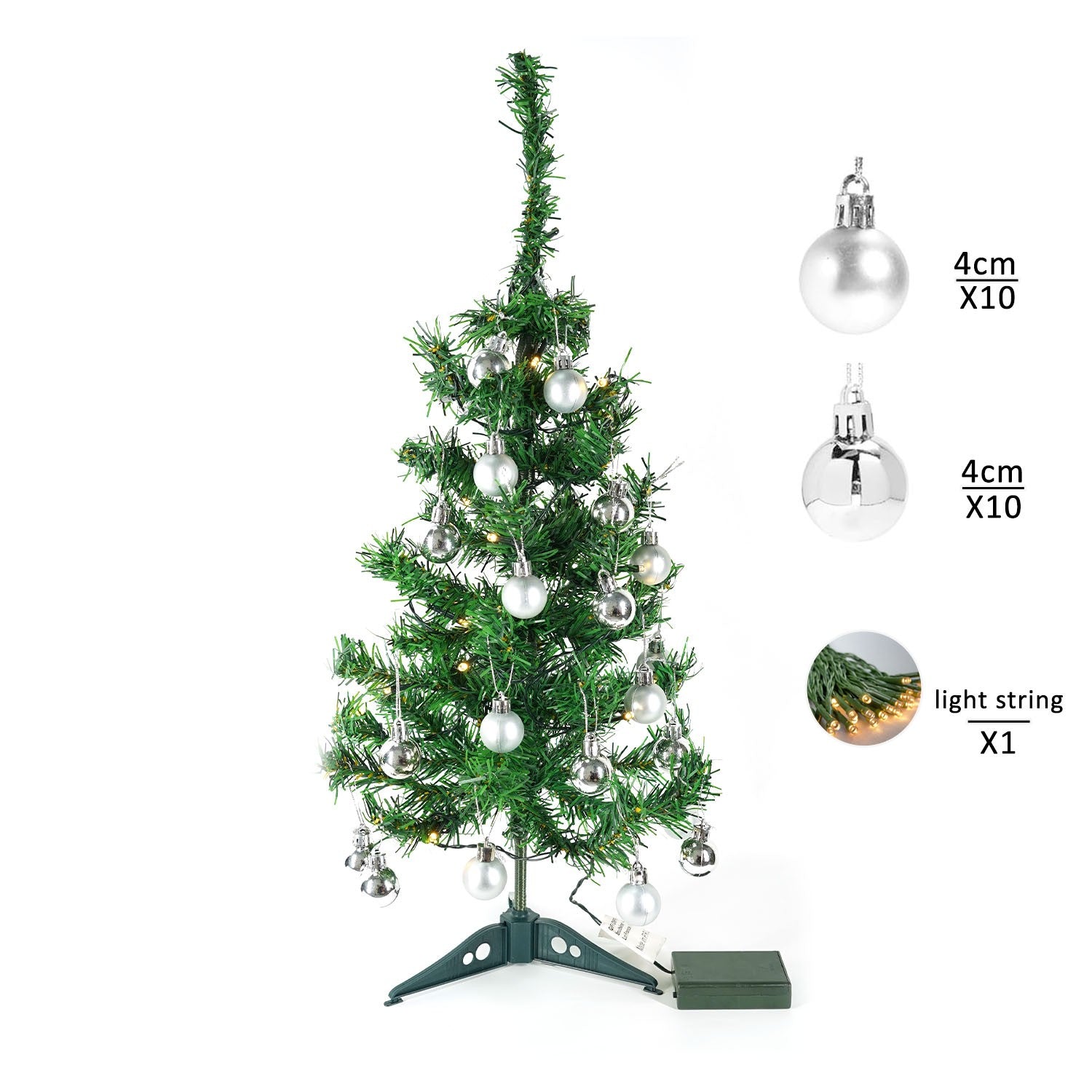 Brad Artificial Impodobit, 60 cm, suport plastic cu instalatie luminoasa 20 LED alb cald + 20 globuri argintii incluse, Klevo