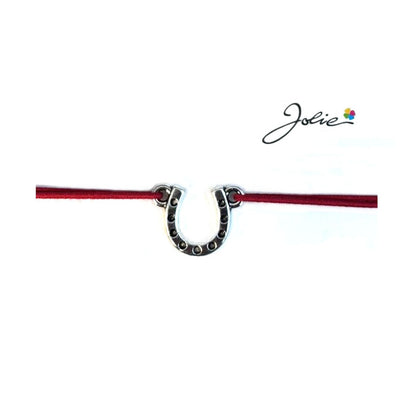 Martisor tip Bratara cu Pandantiv Metalic, Jolie, Snur Textil Rosu, Model Potcoava Puncte, Dimensiune Reglabila, Nod Dublu, Ambalata Individual
