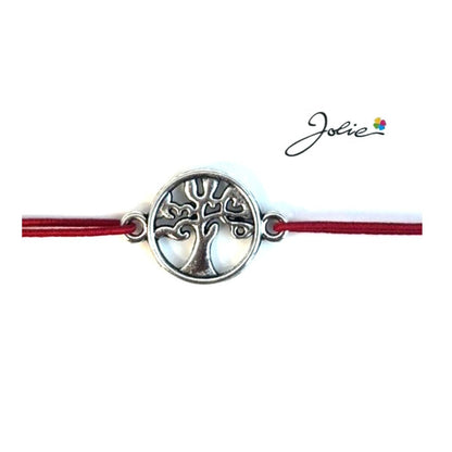Martisor tip Bratara cu Pandantiv Metalic, Jolie, Snur Textil Rosu, Model Copacul Vietii Elegant, Dimensiune Reglabila, Nod Dublu, Ambalata Individual
