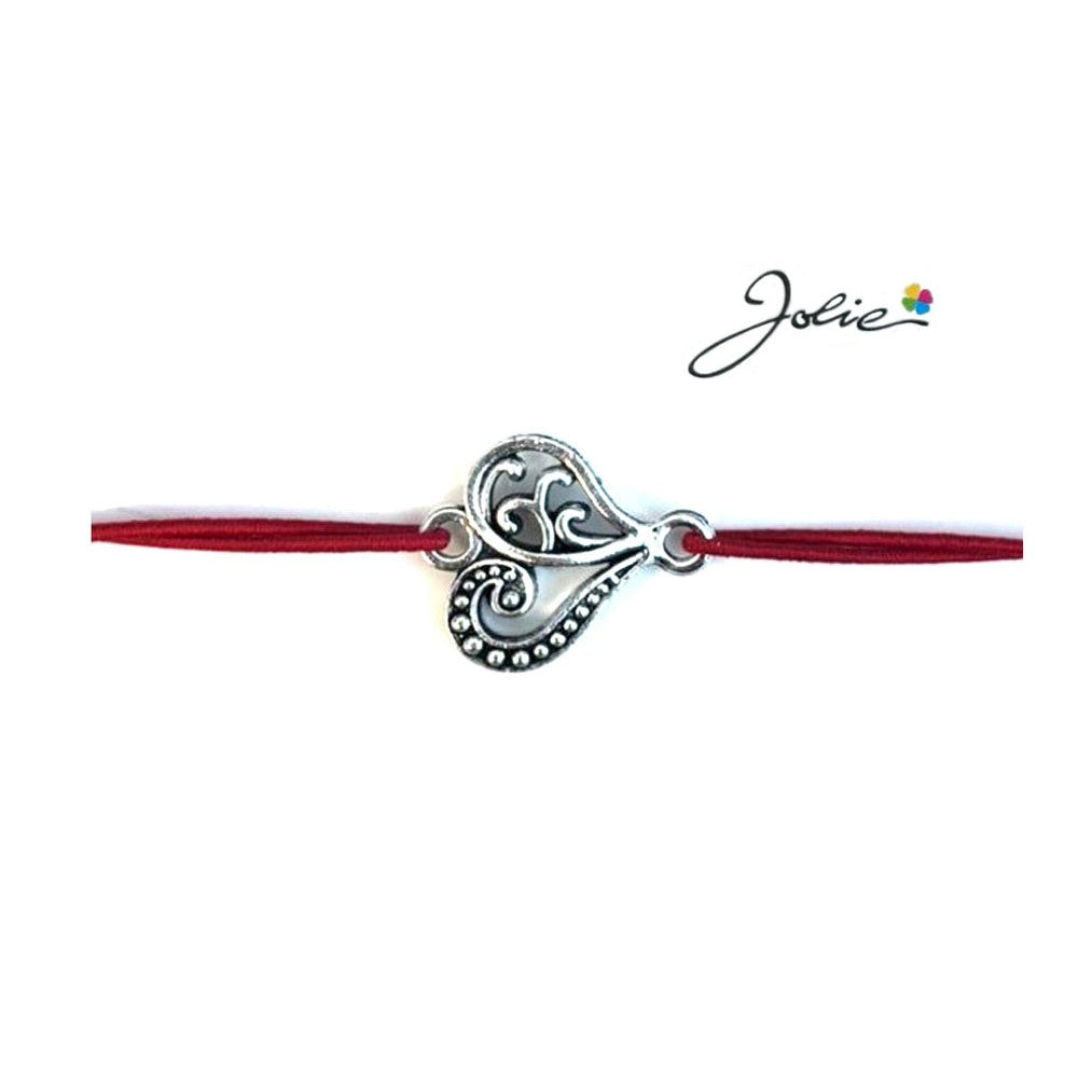 Martisor tip Bratara cu Pandantiv Metalic, Jolie, Snur Textil Rosu, Model Inima Eleganta, Dimensiune Reglabila, Nod Dublu, Ambalata Individual