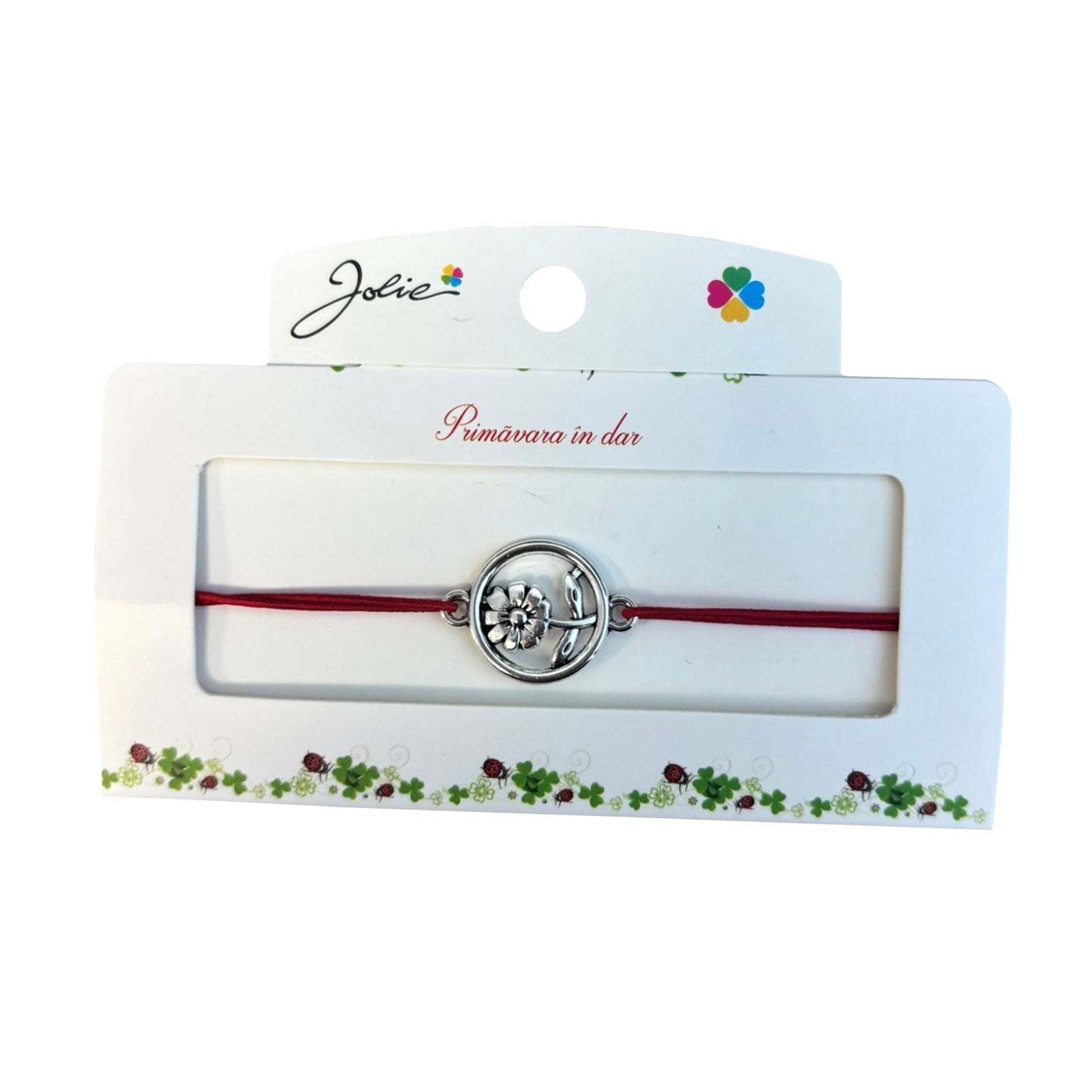 Martisor tip Bratara cu Pandantiv Metalic, Jolie, Snur Textil Rosu, Model Floare Cerc, Dimensiune Reglabila, Nod Dublu, Ambalata Individual