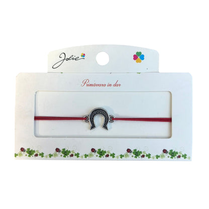 Martisor tip Bratara cu Pandantiv Metalic, Jolie, Snur Textil Rosu, Model Potcoava Flori, Dimensiune Reglabila, Nod Dublu, Ambalata Individual