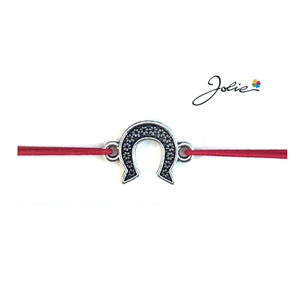Martisor tip Bratara cu Pandantiv Metalic, Jolie, Snur Textil Rosu, Model Potcoava Flori, Dimensiune Reglabila, Nod Dublu, Ambalata Individual
