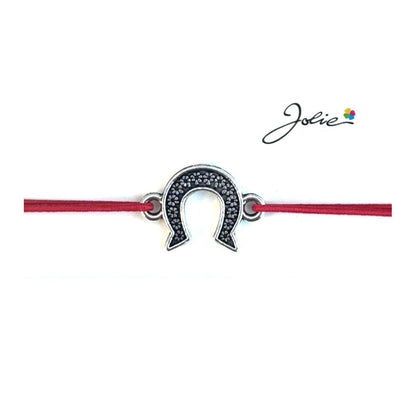 Martisor tip Bratara cu Pandantiv Metalic, Jolie, Snur Textil Rosu, Model Potcoava Flori, Dimensiune Reglabila, Nod Dublu, Ambalata Individual