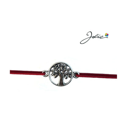 Martisor tip Bratara cu Pandantiv Metalic, Jolie, Snur Textil Rosu, Model Pomul Vietii Traditional, Dimensiune Reglabila, Nod Dublu, Ambalata Individual