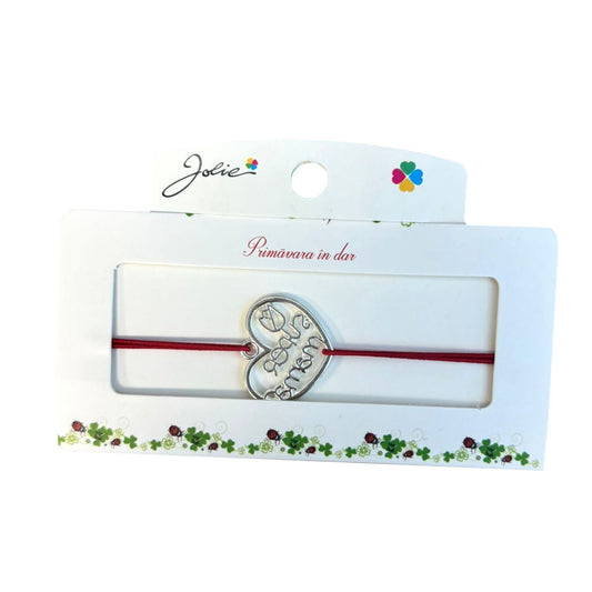 Martisor tip Bratara cu Pandantiv Metalic, Jolie, Snur Textil Rosu, Model Inima Super Mama, Dimensiune Reglabila, Nod Dublu, Ambalata Individual