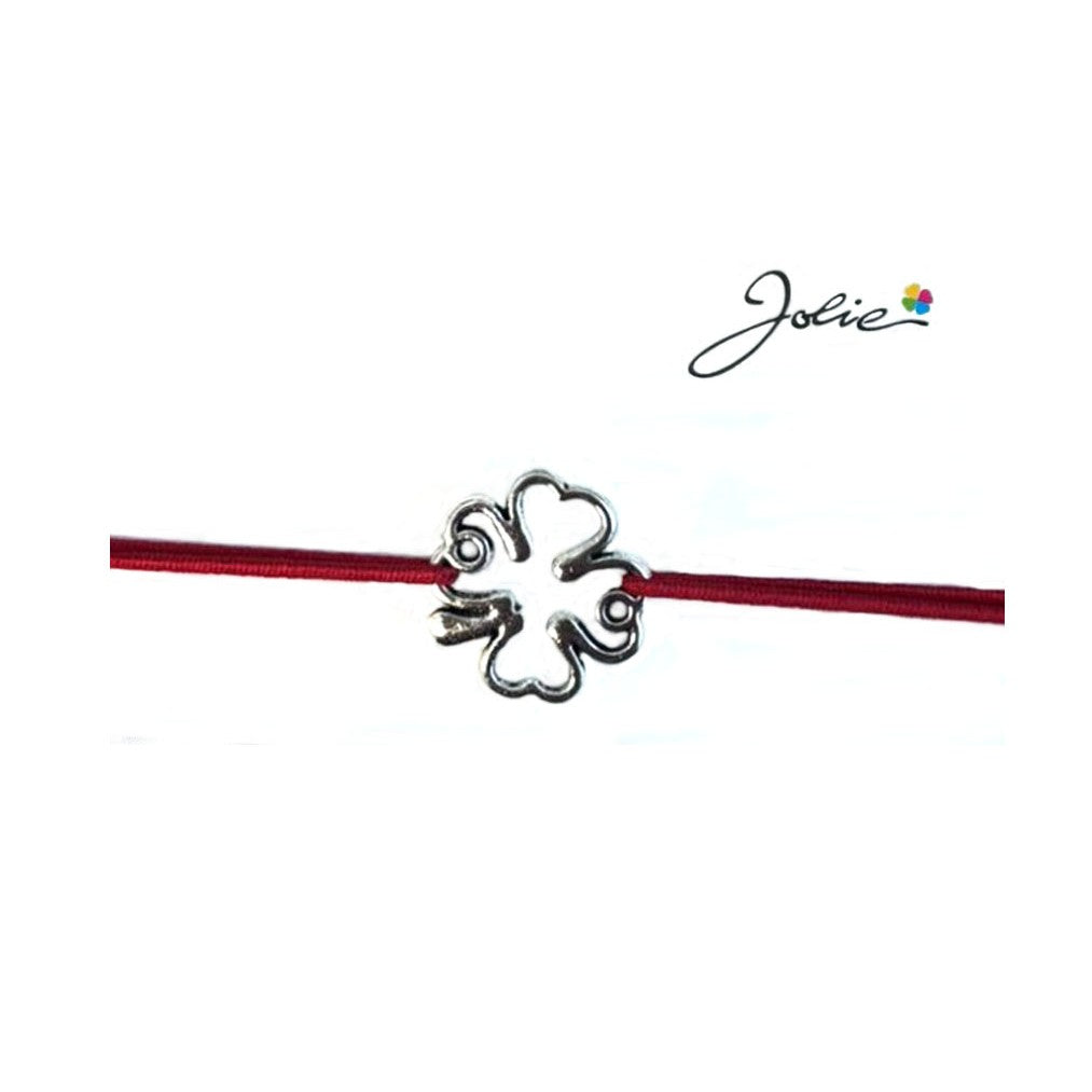 Martisor tip Bratara cu Pandantiv Metalic, Jolie, Snur Textil Rosu, Model Trifoi Contur, Dimensiune Reglabila, Nod Dublu, Ambalata Individual