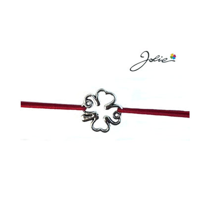 Martisor tip Bratara cu Pandantiv Metalic, Jolie, Snur Textil Rosu, Model Trifoi Contur, Dimensiune Reglabila, Nod Dublu, Ambalata Individual