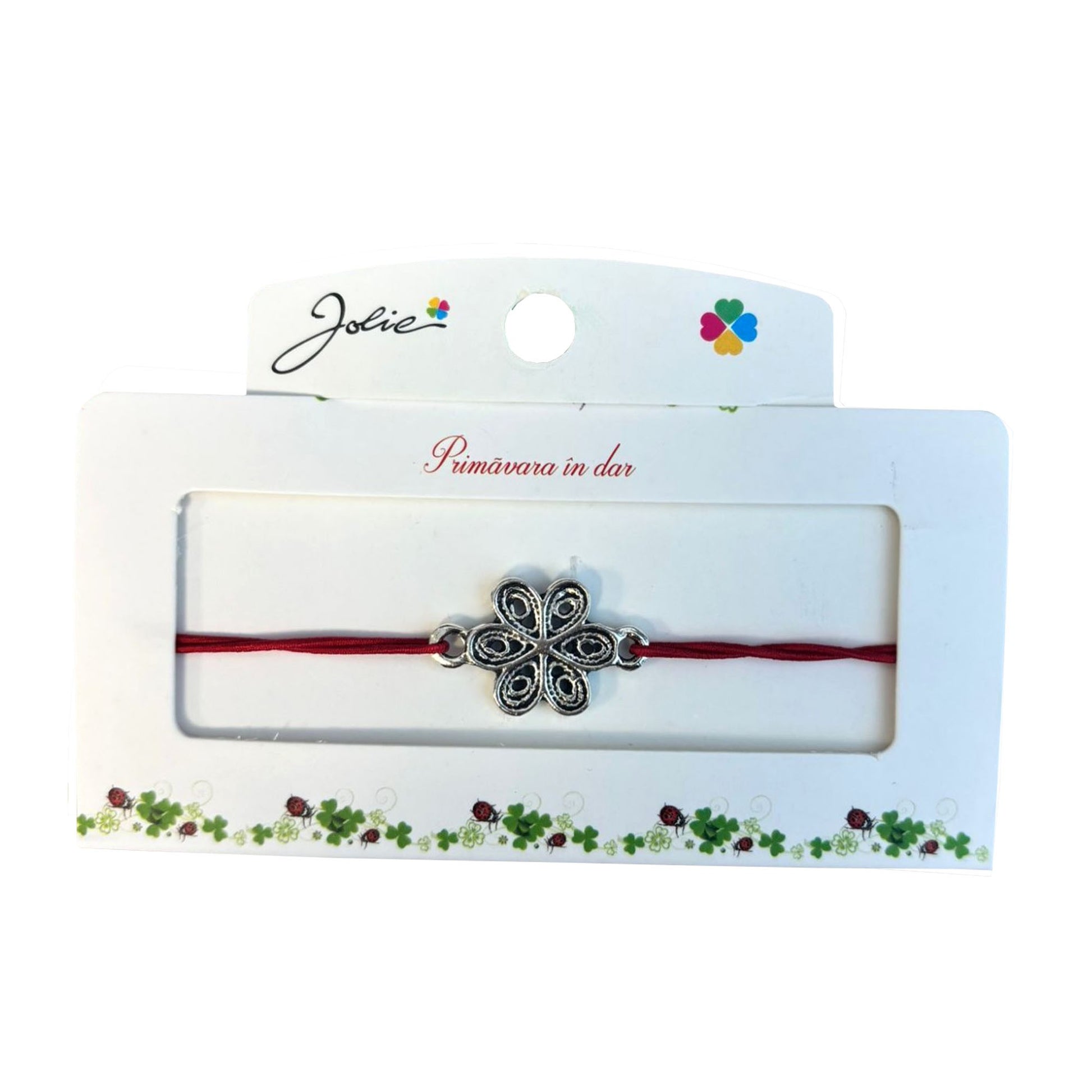 Martisor tip Bratara cu Pandantiv Metalic, Jolie, Snur Textil Rosu, Model Floare, Dimensiune Reglabila, Nod Dublu, Ambalata Individual