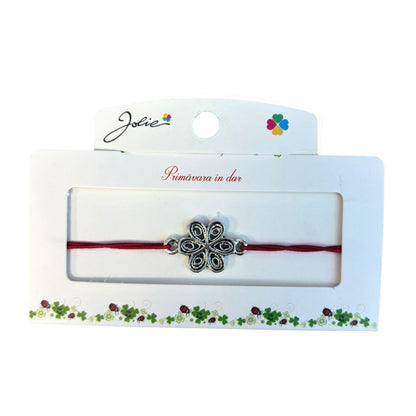 Martisor tip Bratara cu Pandantiv Metalic, Jolie, Snur Textil Rosu, Model Floare, Dimensiune Reglabila, Nod Dublu, Ambalata Individual