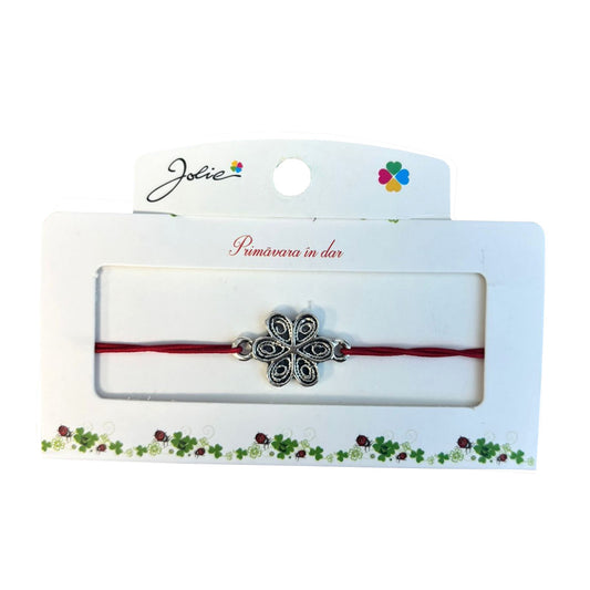 Martisor tip Bratara cu Pandantiv Metalic, Jolie, Snur Textil Rosu, Model Floare, Dimensiune Reglabila, Nod Dublu, Ambalata Individual