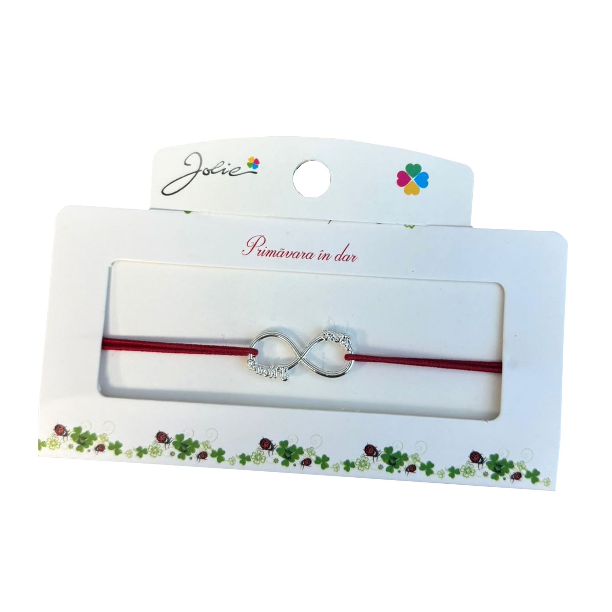 Martisor tip Bratara cu Pandantiv Metalic, Jolie, Snur Textil Rosu, Model Infinit, Dimensiune Reglabila, Nod Dublu, Ambalata Individual