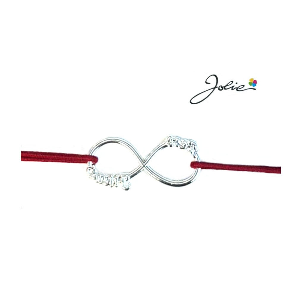 Martisor tip Bratara cu Pandantiv Metalic, Jolie, Snur Textil Rosu, Model Infinit, Dimensiune Reglabila, Nod Dublu, Ambalata Individual