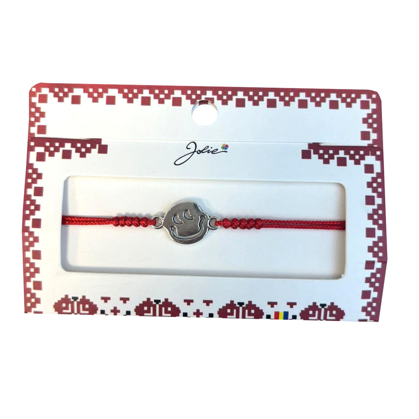 Martisor tip Bratara cu Pandantiv Metalic, Jolie, cu Snur Textil Rosu Impletit, Model Fata Zambitoare, Dimensiune Reglabila, Ambalata Individual
