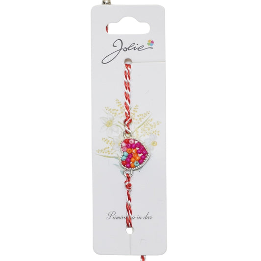 Martisor Bratara Snur Alb-Rosu, Jolie, Pandantiv Metalic, Model Inimioara