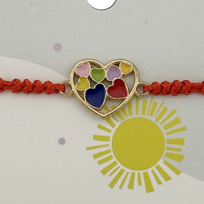 Bratara pentru Copii, Jolie, cu Impletitura Snur Rosu, Model Inima Multicolora, Multicolor