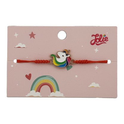 Bratara pentru Copii, Jolie, cu Impletitura Snur Rosu, Model Unicorn, Alb Multicolor