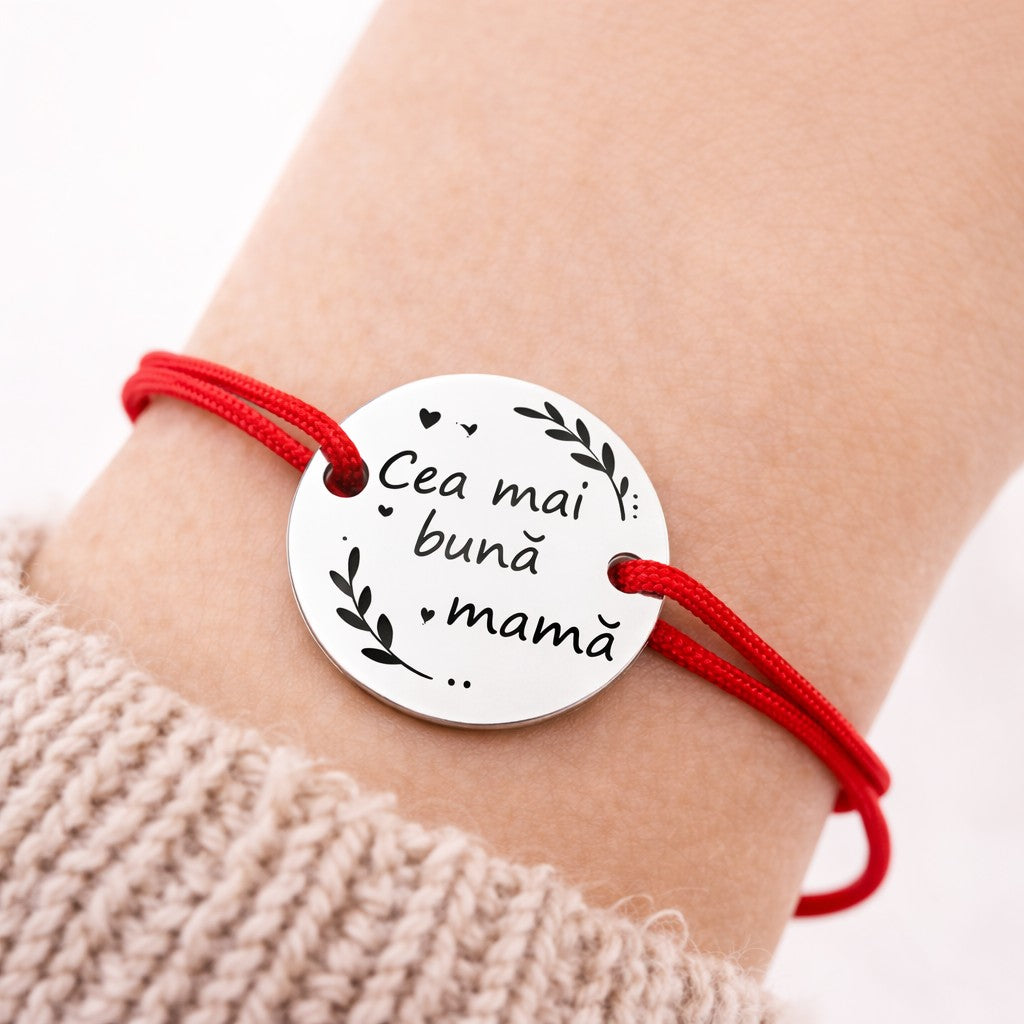 Bratara Martisor, Jolie Silver, Model Cea Mai Buna Mama, Argint 925, Snur Textil, 7.5 x 4.5 cm, Argintiu