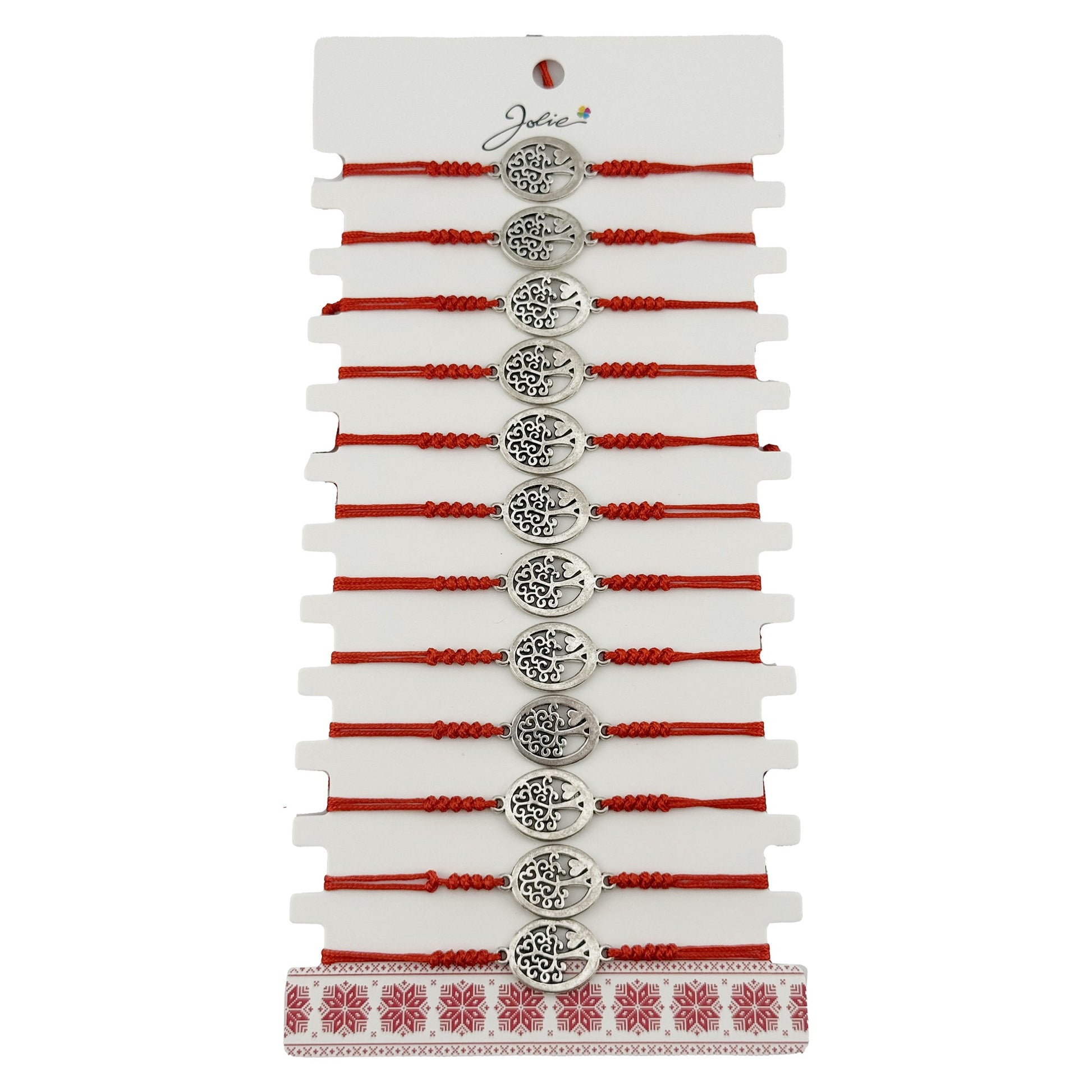 Bratara Martisor pentru Dama, Jolie, Model Copac Rotund, Set 12 bucati, Pandativ Argintiu din Inox cu Snur Rosu Ajustabil