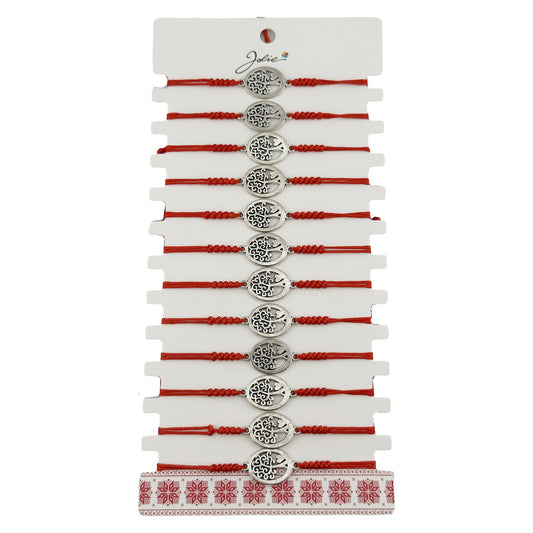Bratara Martisor pentru Dama, Jolie, Model Copac Rotund, Set 12 bucati, Pandativ Argintiu din Inox cu Snur Rosu Ajustabil