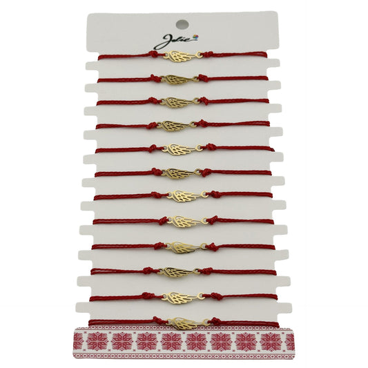 Bratara Martisor pentru Dama, Jolie, Model Aripa, Set 12 bucati, Pandativ din Inox Auriu, Snur Ajustabil Impletit, Rosu