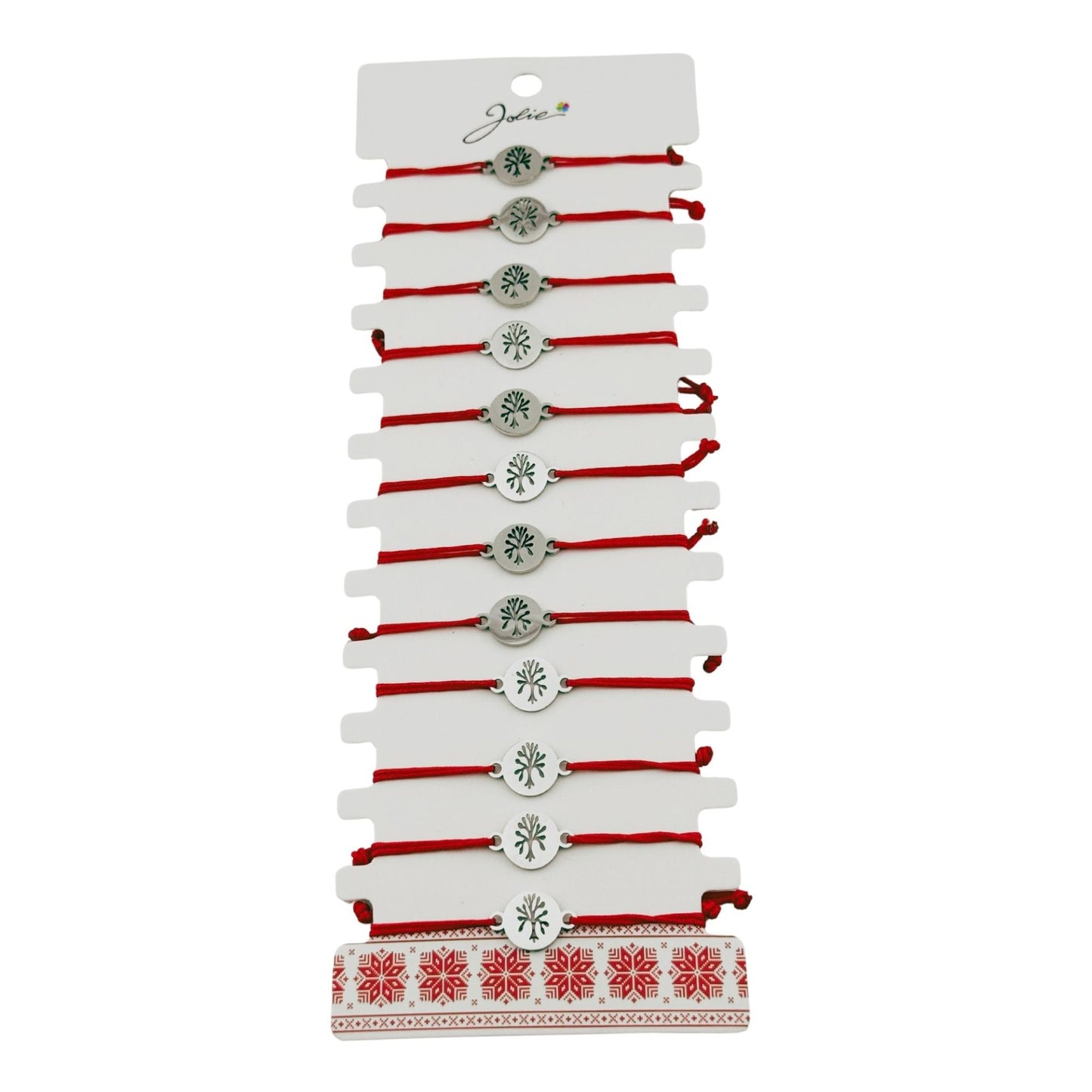 Bratara Martisor pentru Dama, Jolie, Model Copacul Vietii, Set 12 bucati, Pandativ Argintiu din Inox cu Snur Rosu Ajustabil